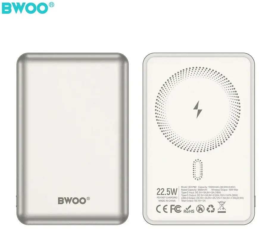 BWOO P82 BO 10000mAh 15W išorinė baterija su belaidžiu įkrovimu, šviesiai pilka