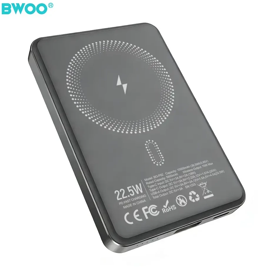 BWOO P82 BO 10000mAh 15W išorinė baterija su belaidžiu įkrovimu, tamsiai pilka