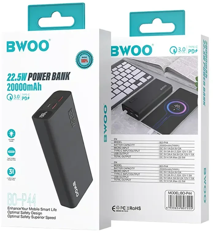 BWOO nešiojamas įkroviklis | 20 000 mAh | 22,5 W | USB-A, USB-C | LED ekranas | juodas