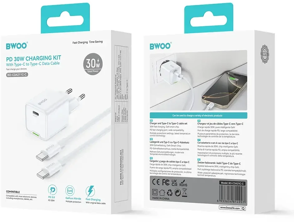 BWOO GaN PD 30W sieninis įkroviklis 1x USB-C jungtis su 60W USB-C 2A laidu, baltas