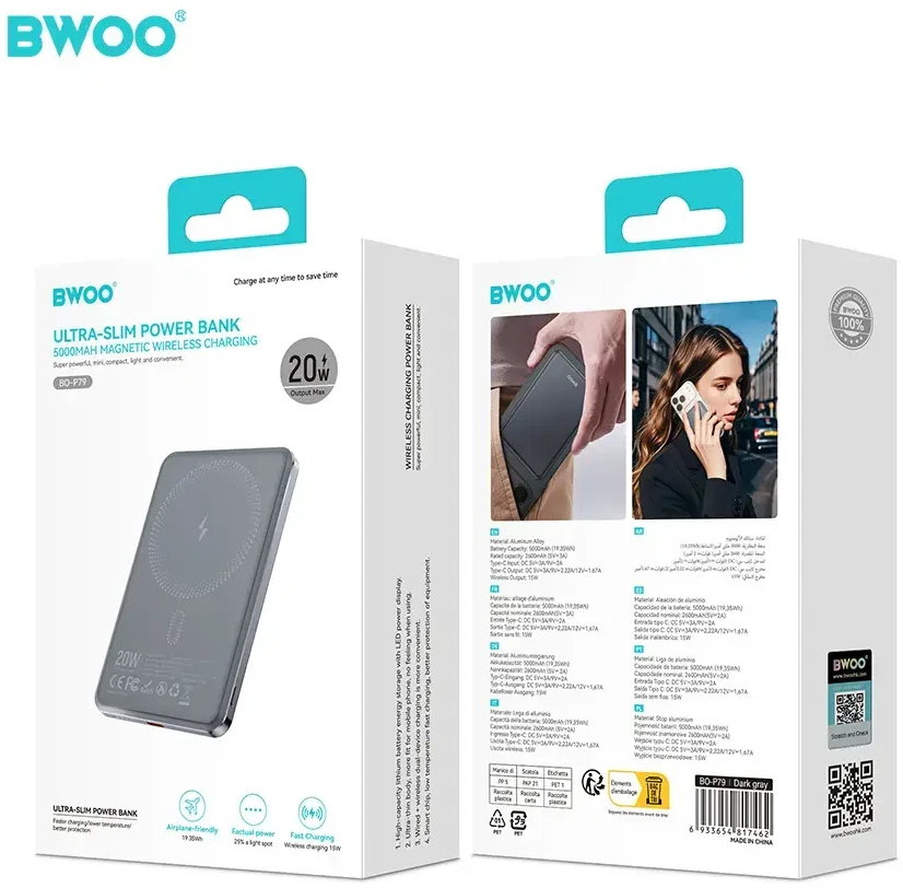 BWOO PD 20W 10000 mAh išorinė baterija su USB-C laidu ir ekranu P80 juoda