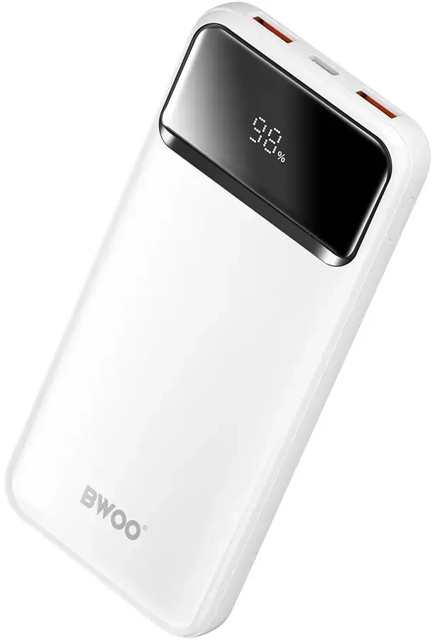 BWOO Ultra thin Power Bank | 10,000 mAh | 22.5W | QC | USB-A, USB-C | LED Ekranas | baltas