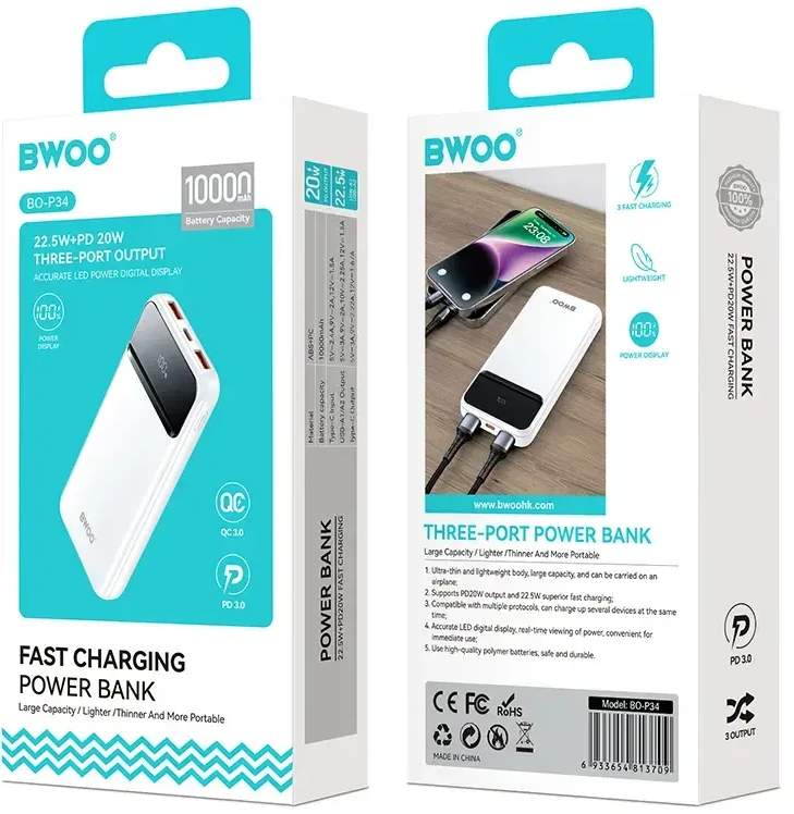 BWOO Ultra thin Power Bank | 10,000 mAh | 22.5W | QC | USB-A, USB-C | LED Ekranas | baltas