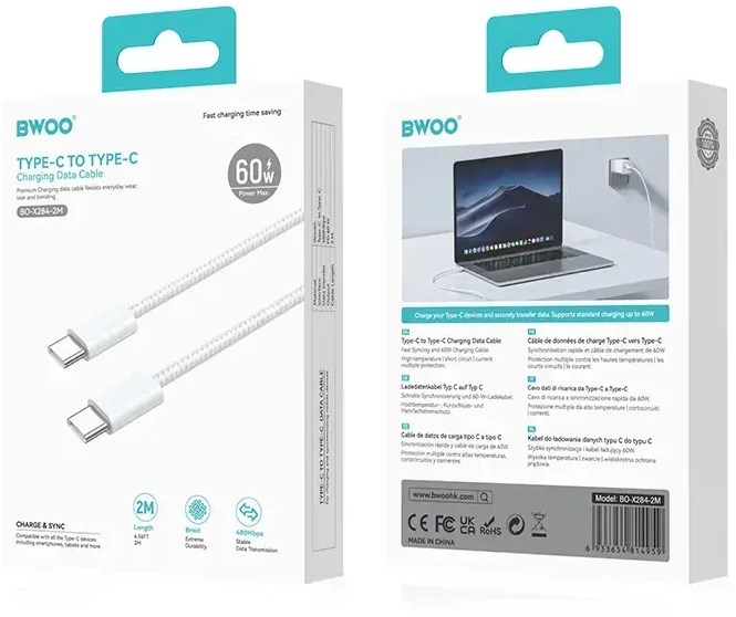 BWOO Kabelis USB-C - USB-C 2m 60W baltas