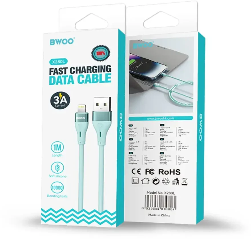 BWOO Kabelis USB – Lightning 1m 3A Minimalistinis Silikoninis Baltas X280L