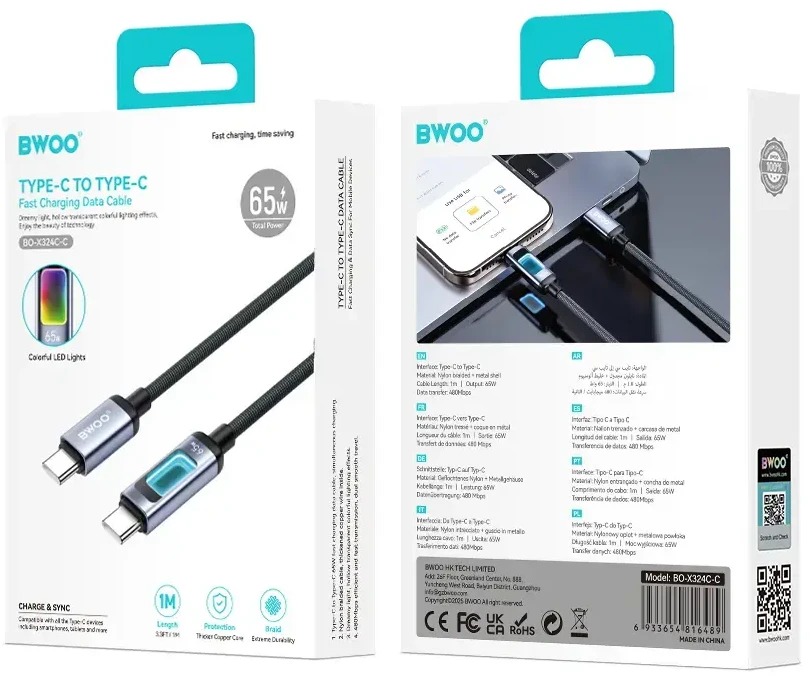 Telforceone BWOO X324CC pintas greito įkrovimo laidas su šviesos ekranu PD 60W USB-C - USB-C