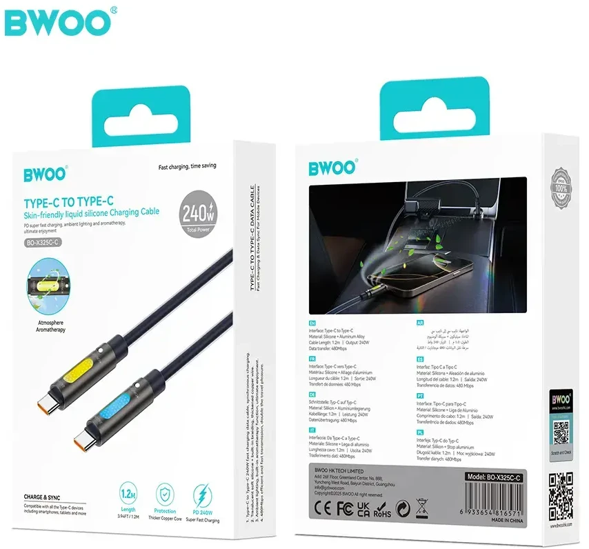 Kabelis USB BWOO X325C-C zapachowy kabelis USB-C - USB-C 240W juoda
