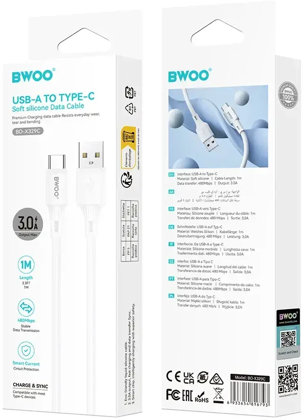 BWOO 3A silikoninis laidas X329L usb – lightning 3A 1m baltas
