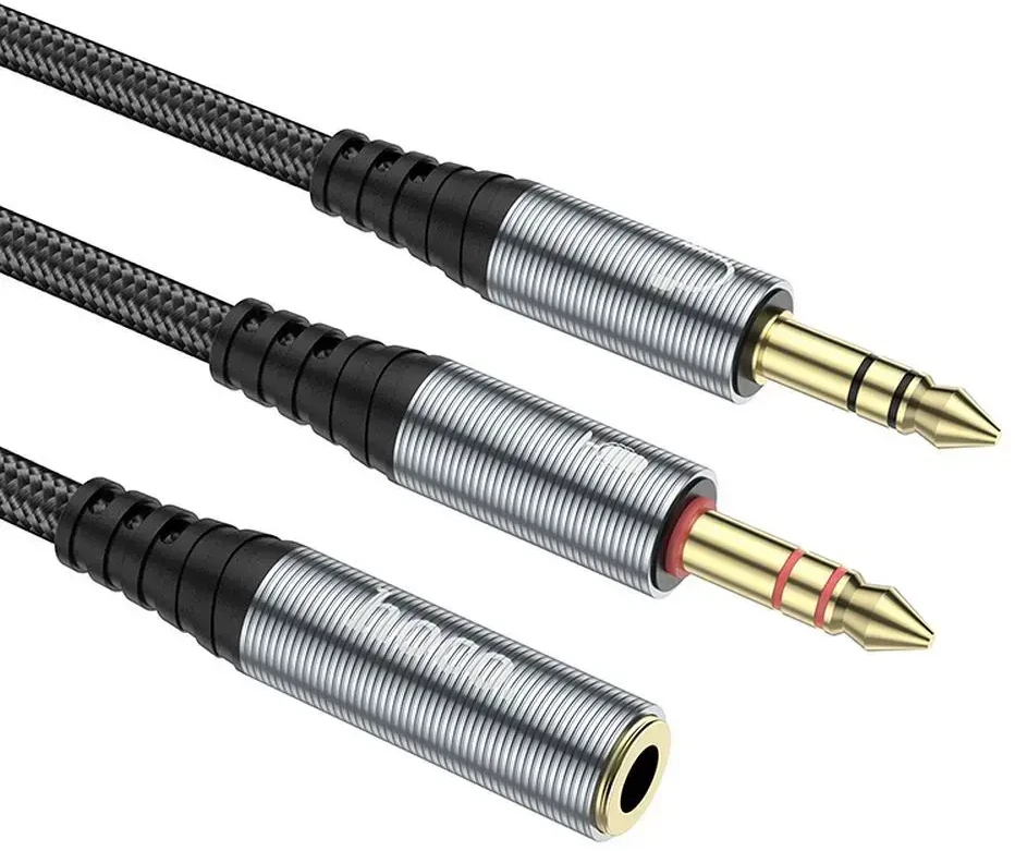 Kabelis AUX 2in1 Jack 3,5 mm (lizdas) į 2 x Jack 3,5 mm (vyras) Hoco 0,25 m UPA21 metalinis pilkas