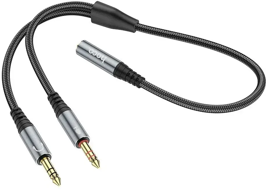 Kabelis AUX 2in1 Jack 3,5 mm (lizdas) į 2 x Jack 3,5 mm (vyras) Hoco 0,25 m UPA21 metalinis pilkas