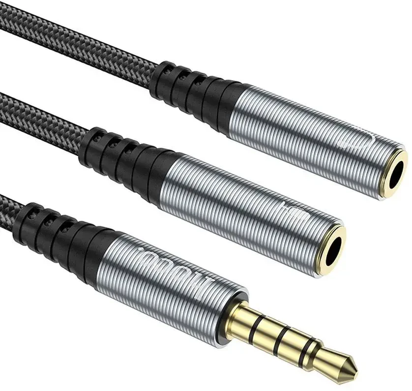 Kabelis AUX 2in1 Jack 3,5 mm (vyriškas) - 2 x Jack 3,5 mm (lizdas) Hoco 0,25 m UPA21 metalinis pilkas