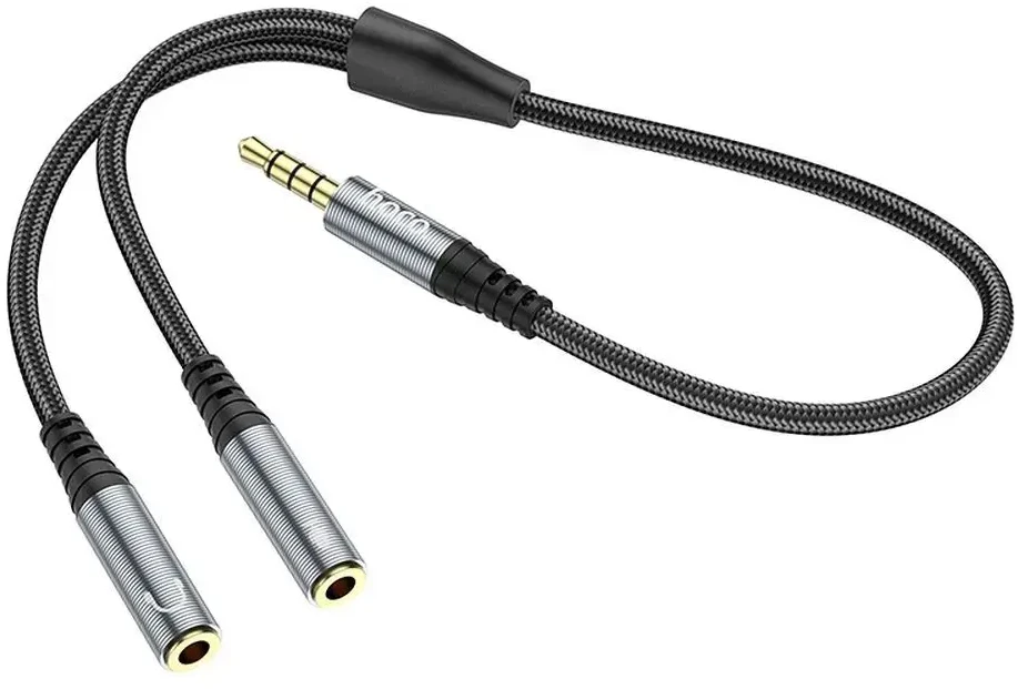 Kabelis AUX 2in1 Jack 3,5 mm (vyriškas) - 2 x Jack 3,5 mm (lizdas) Hoco 0,25 m UPA21 metalinis pilkas