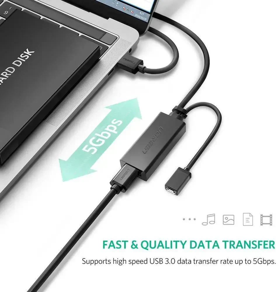 Kabelis ilgiklis USB3.0 5m su micro USB lizdu papildomam maitinimui US175 UGREEN