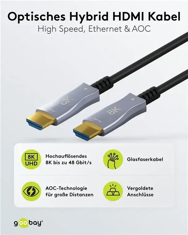 Kabelis HDMI-HDMI 30m (HDMI 2.1) optinis hibridinis 8K @ 60 Hz/ 4K @ 120 Hz Goobay