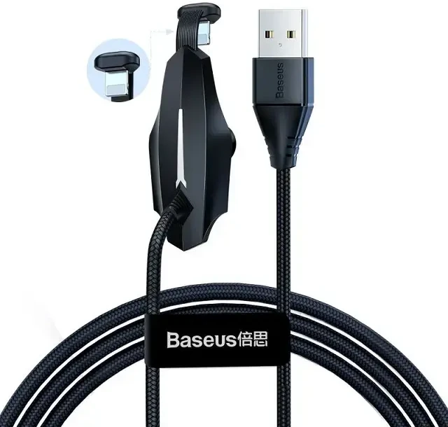 Kabelis USB A - IP Lightning 1.2m su laikikliu prilimpančiu prie telefono, su nailoniniu šarvu juodas BASEUS