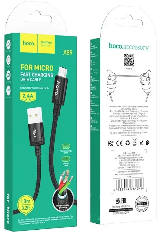 Cable USB A to Micro USB Hoco 2,4A 1 m X89 juodas