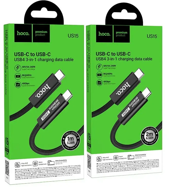 Cable USB C do USB C Hoco USB4 40Gbps/8K60Hz 5A 240W 1m US15 juodas