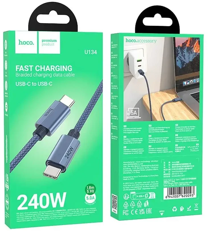 USB C į USB C laidas Hoco QC3.0 PD 5A 240W 1,8 m U134 tamsi mėlynas