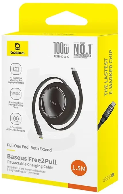 Baseus Free2Pull duomenų perdavimo ir įkrovimo kabelis | USB-C į USB-C | 100W | 1,5 m | juodas
