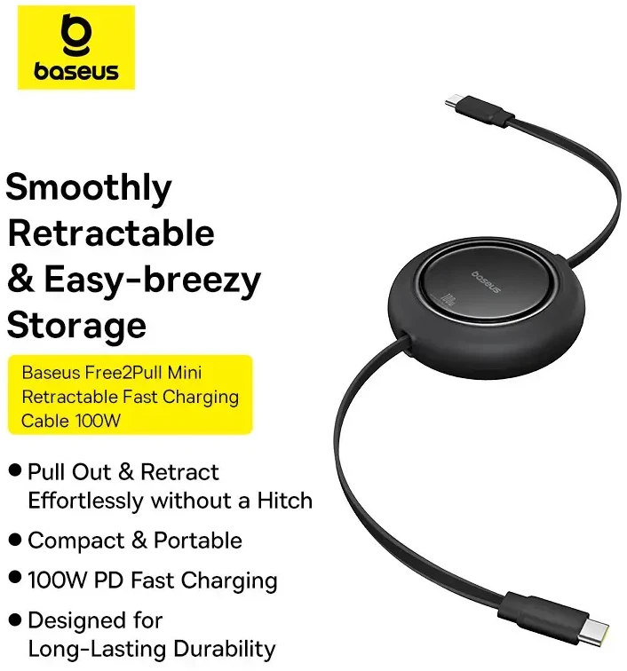 Baseus Free2Pull duomenų perdavimo ir įkrovimo kabelis | USB-C į USB-C | 100W | 1,5 m | juodas