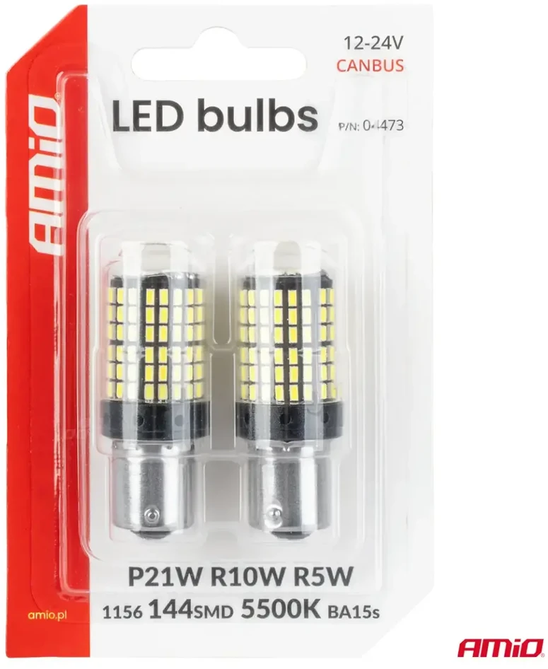 LED lemputės canbus ba15s p21w r10w r5w 600lm 144smd baltos 12v 24v amio-04473