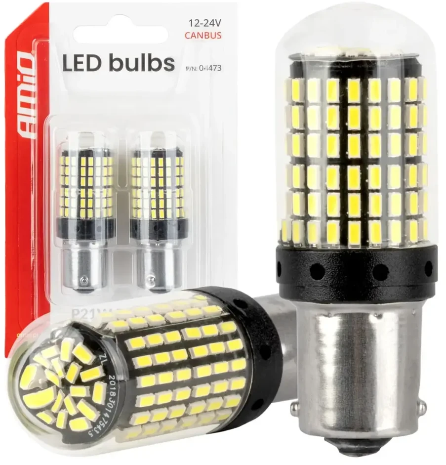LED lemputės canbus ba15s p21w r10w r5w 600lm 144smd baltos 12v 24v amio-04473