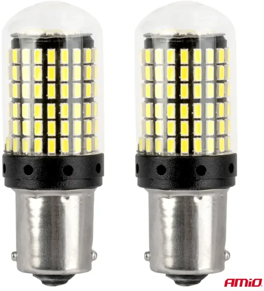 LED lemputės canbus ba15s p21w r10w r5w 600lm 144smd baltos 12v 24v amio-04473