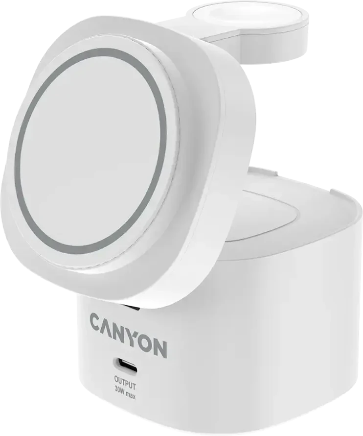 Canyon 4 viename belaidis įkrovimo stovas, maks. 30 W, dydis: 70 x 70 x 70,3 mm, svoris: 414 g, su 65 W įkrovikliu ir 1 m laidu, baltas