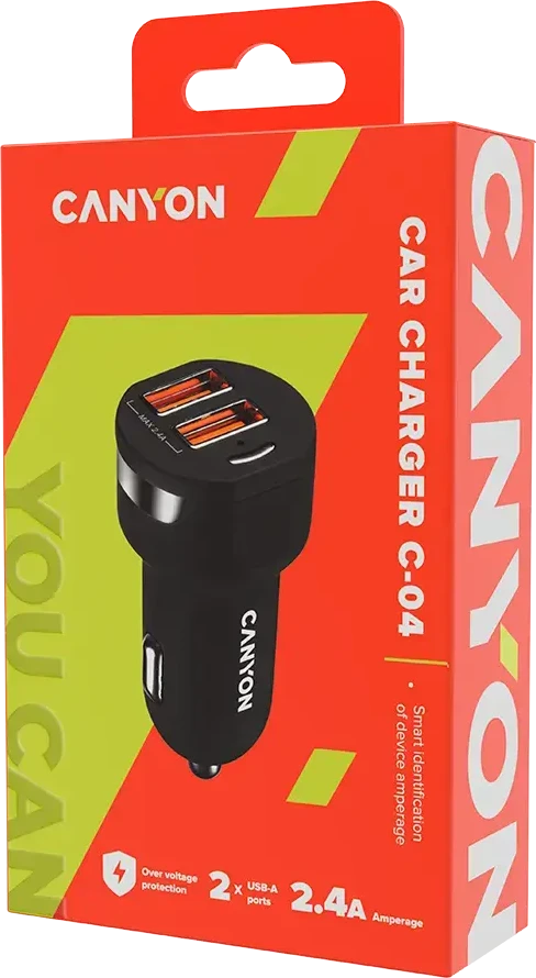 CANYON automobilinis pakrovejas C-04 2.4A/2USB-A Juodas