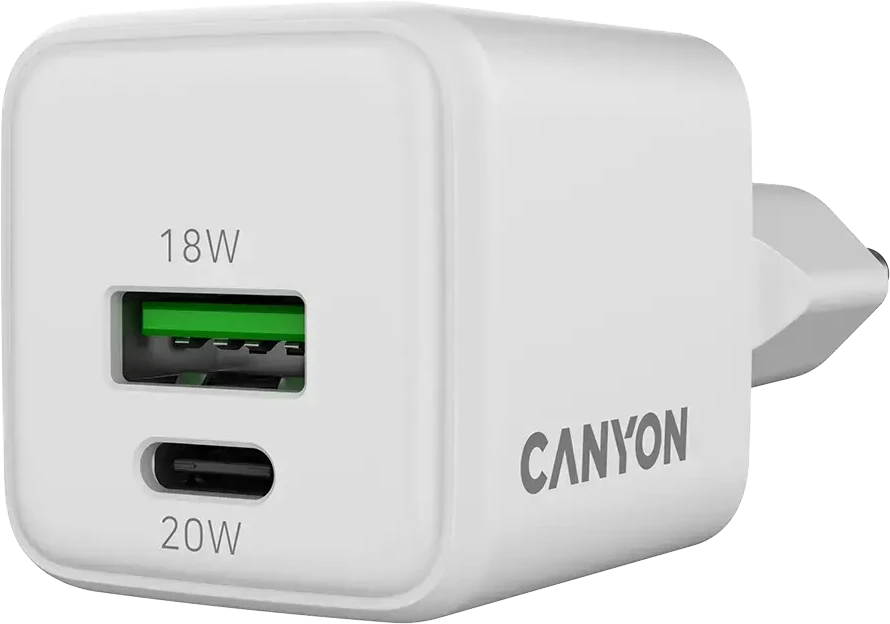 CANYON pakrovėjas CU20AC GaN 20W 1xPD 1xQC EU Baltas