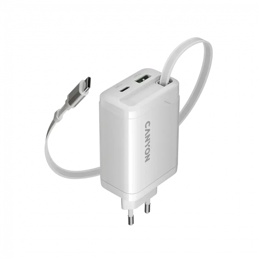 CANYON įkroviklis OnCharge 65RC su integruotu USB-C laidu, 65W, 1xPD, 1xQC, EU, Baltas