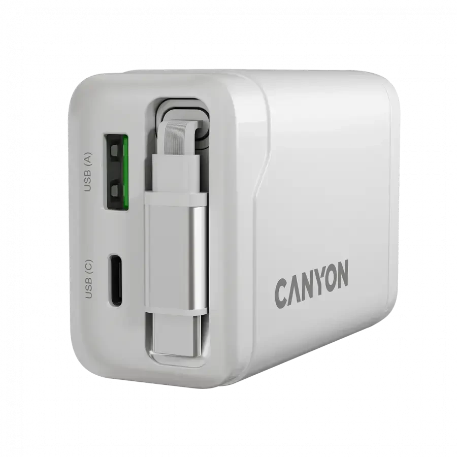 CANYON įkroviklis OnCharge 65RC su integruotu USB-C laidu, 65W, 1xPD, 1xQC, EU, Baltas