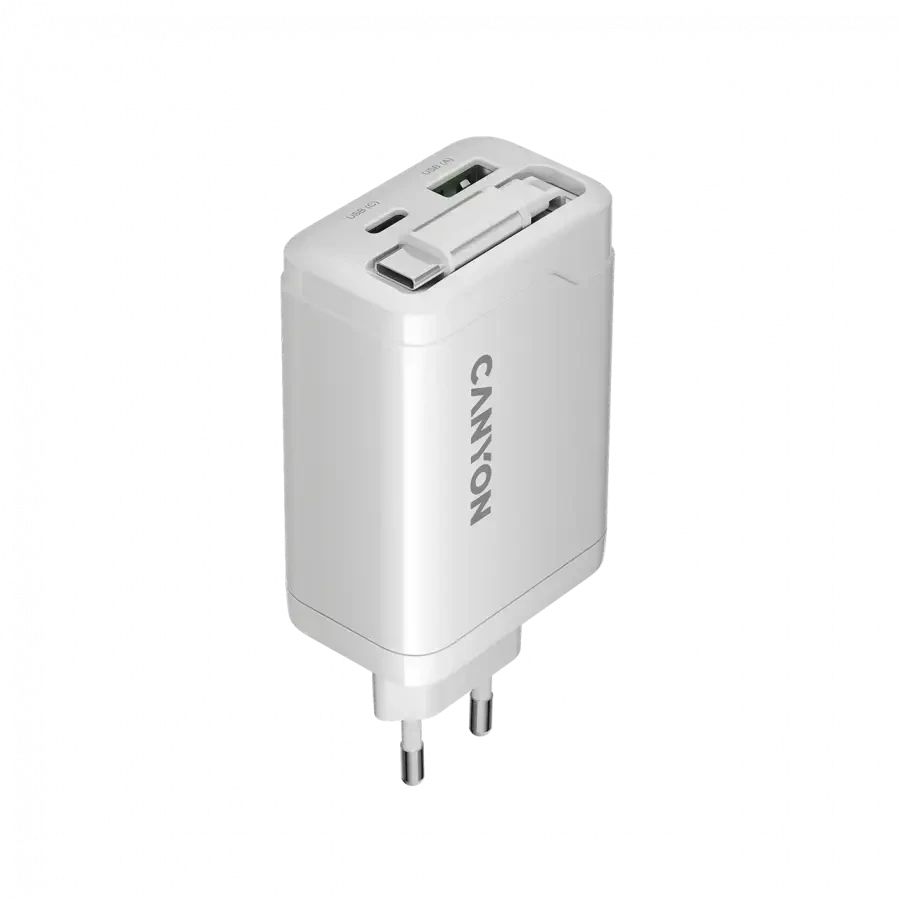 CANYON įkroviklis OnCharge 65RC su integruotu USB-C laidu, 65W, 1xPD, 1xQC, EU, Baltas