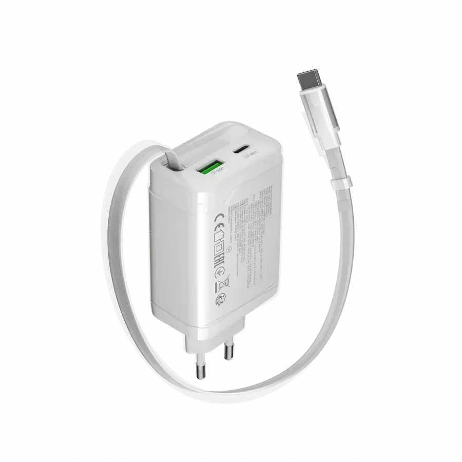 CANYON įkroviklis OnCharge 65RC su integruotu USB-C laidu, 65W, 1xPD, 1xQC, EU, Baltas