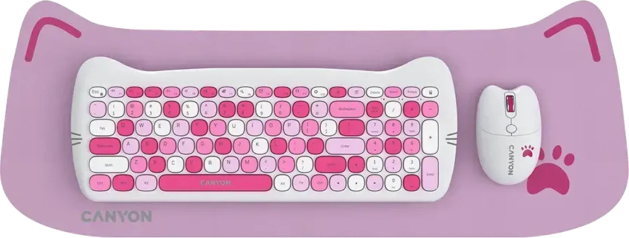 CANYON HSET-W6 EN Klaviatūra ir pelė Kitty Edition AAA+АА Wireless Rožinė