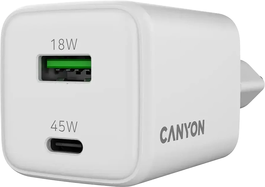 CANYON įkroviklis CU45AC GaN 45W 1xPD 1xQC EU Baltas