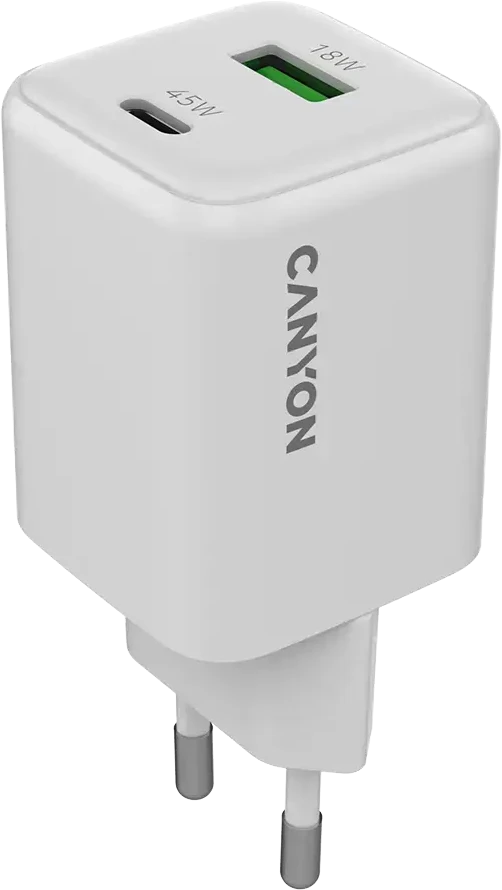CANYON įkroviklis CU45AC GaN 45W 1xPD 1xQC EU Baltas