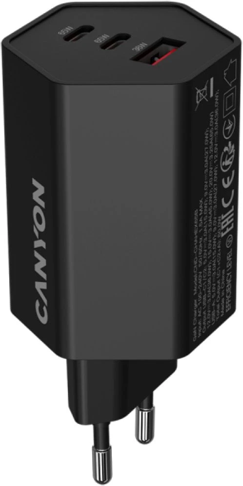 CANYON įkroviklis HEXAGON 65 GaN 65W 2xPD 1xQC EU Juodas