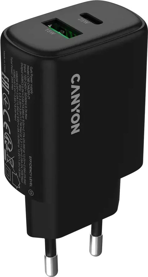 CANYON įkroviklis OnCharge 250 25W 1xPD 1xQC EU Juodas