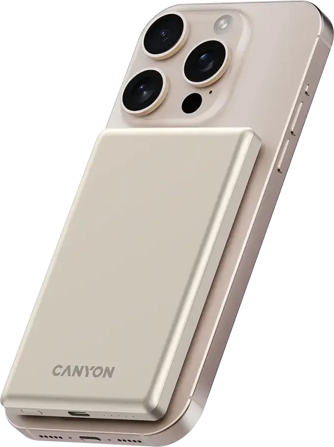 CANYON išorinė baterija OnPower 505 plonas magnetinis 5000 mAh PD20W smėlio spalvos