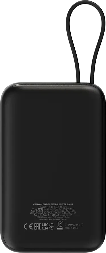 CANYON maitinimo blokas OnPower 101 įmontuotas kabelis 10000 mAh PD22.5W juodas