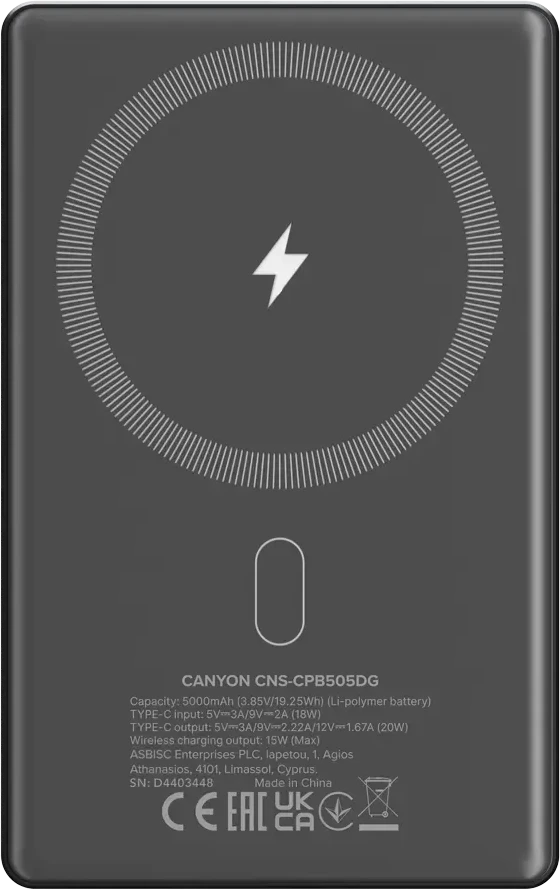 CANYON maitinimo blokas OnPower 505 plonas magnetinis 5000 mAh PD20W tamsiai pilkas