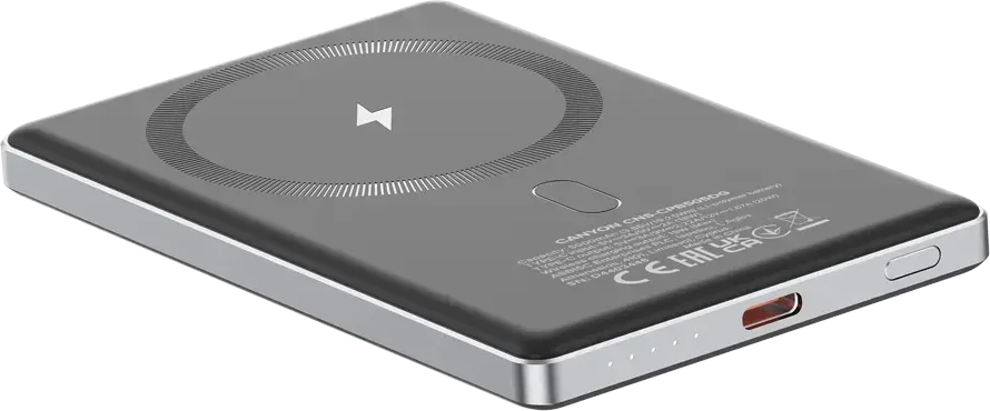 CANYON maitinimo blokas OnPower 505 plonas magnetinis 5000 mAh PD20W tamsiai pilkas