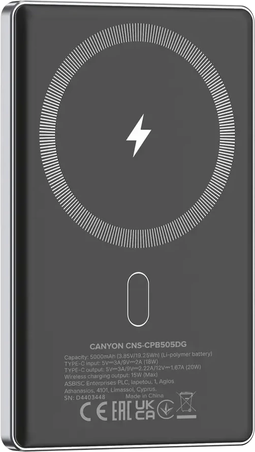CANYON maitinimo blokas OnPower 505 plonas magnetinis 5000 mAh PD20W tamsiai pilkas