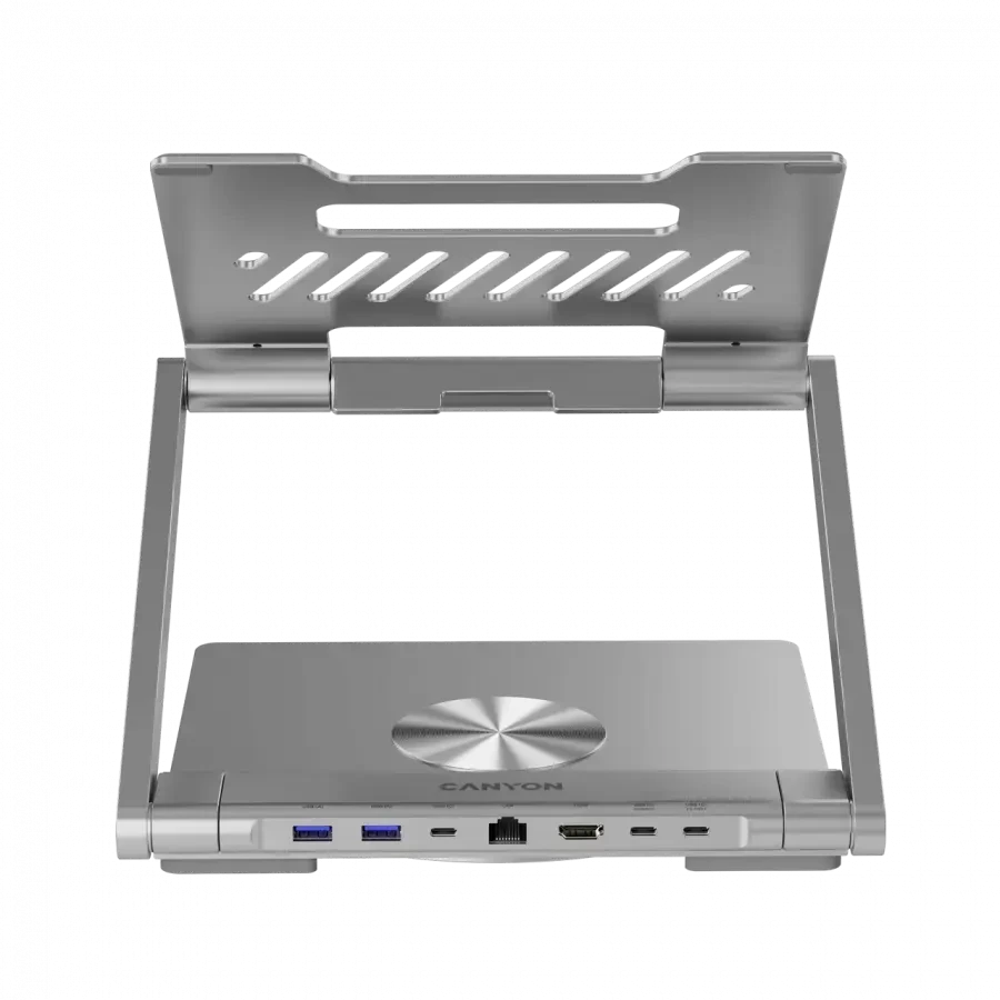 Canyon Nešiojamas kompiuterio stovas su šakotuvu, TYPE C F į HDMI2.0+2USB3.0+USBC3.0+RJ45+PD, TYEP C - C kabelis 1m baltas su Emark: HUSB332A, Medžiaga: Aliuminio korpusas+ABS+PS, Dydis: 245x240x27.2+/-0.3mm, Svoris: 1304g