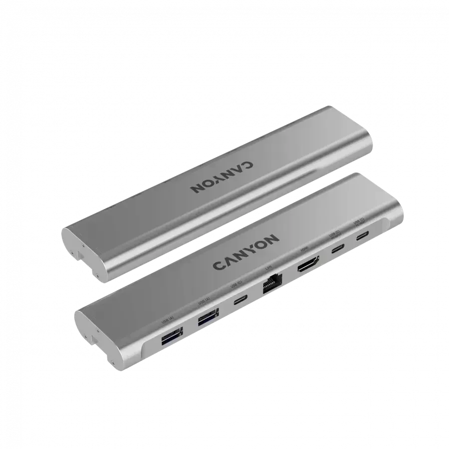 Canyon Nešiojamas kompiuterio stovas su šakotuvu, TYPE C F į HDMI2.0+2USB3.0+USBC3.0+RJ45+PD, TYEP C - C kabelis 1m baltas su Emark: HUSB332A, Medžiaga: Aliuminio korpusas+ABS+PS, Dydis: 245x240x27.2+/-0.3mm, Svoris: 1304g