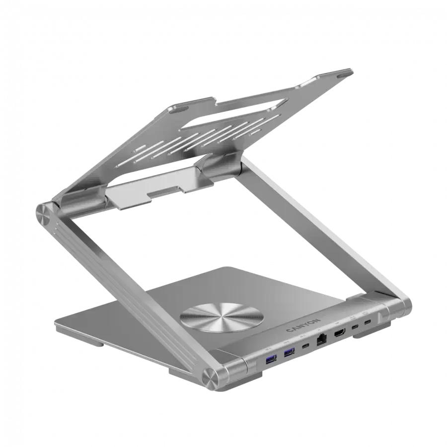 Canyon Nešiojamas kompiuterio stovas su šakotuvu, TYPE C F į HDMI2.0+2USB3.0+USBC3.0+RJ45+PD, TYEP C - C kabelis 1m baltas su Emark: HUSB332A, Medžiaga: Aliuminio korpusas+ABS+PS, Dydis: 245x240x27.2+/-0.3mm, Svoris: 1304g