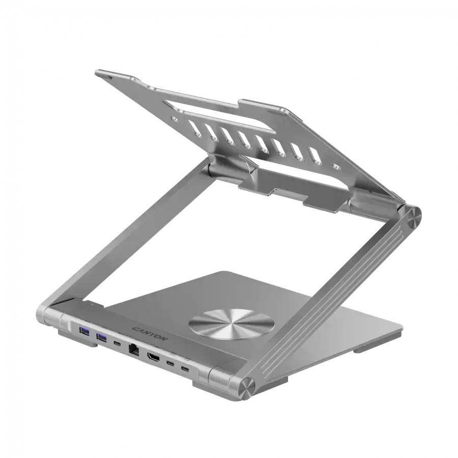Canyon Nešiojamas kompiuterio stovas su šakotuvu, TYPE C F į HDMI2.0+2USB3.0+USBC3.0+RJ45+PD, TYEP C - C kabelis 1m baltas su Emark: HUSB332A, Medžiaga: Aliuminio korpusas+ABS+PS, Dydis: 245x240x27.2+/-0.3mm, Svoris: 1304g