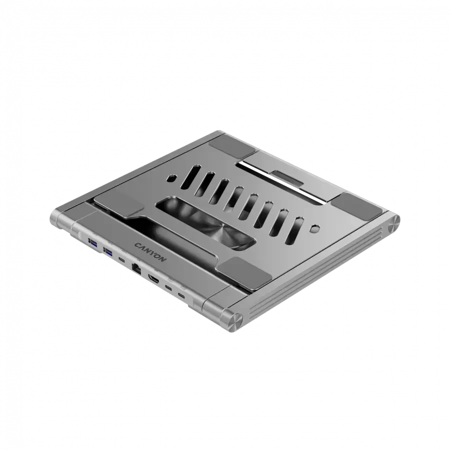 Canyon Nešiojamas kompiuterio stovas su šakotuvu, TYPE C F į HDMI2.0+2USB3.0+USBC3.0+RJ45+PD, TYEP C - C kabelis 1m baltas su Emark: HUSB332A, Medžiaga: Aliuminio korpusas+ABS+PS, Dydis: 245x240x27.2+/-0.3mm, Svoris: 1304g
