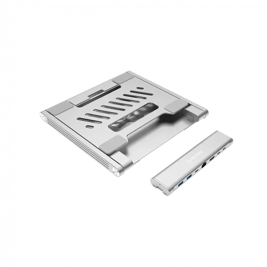 Canyon Nešiojamas kompiuterio stovas su šakotuvu, TYPE C F į HDMI2.0+2USB3.0+USBC3.0+RJ45+PD, TYEP C - C kabelis 1m baltas su Emark: HUSB332A, Medžiaga: Aliuminio korpusas+ABS+PS, Dydis: 245x240x27.2+/-0.3mm, Svoris: 1304g